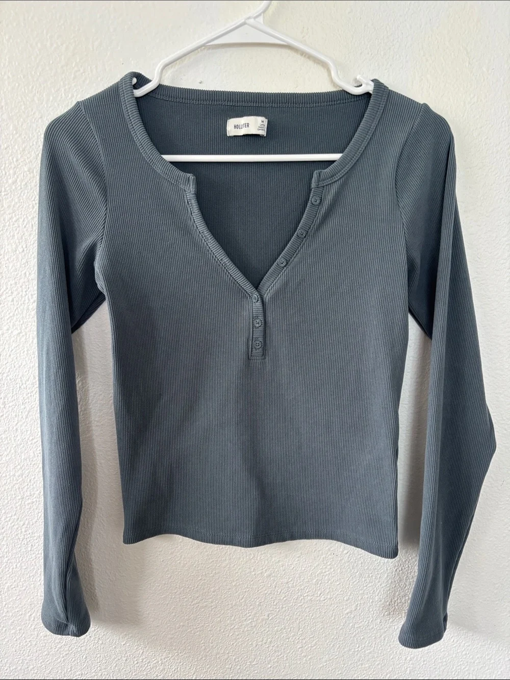 Hollister Women's Ribbed Henley Long Sleeve Top - Slate Blue -607sku